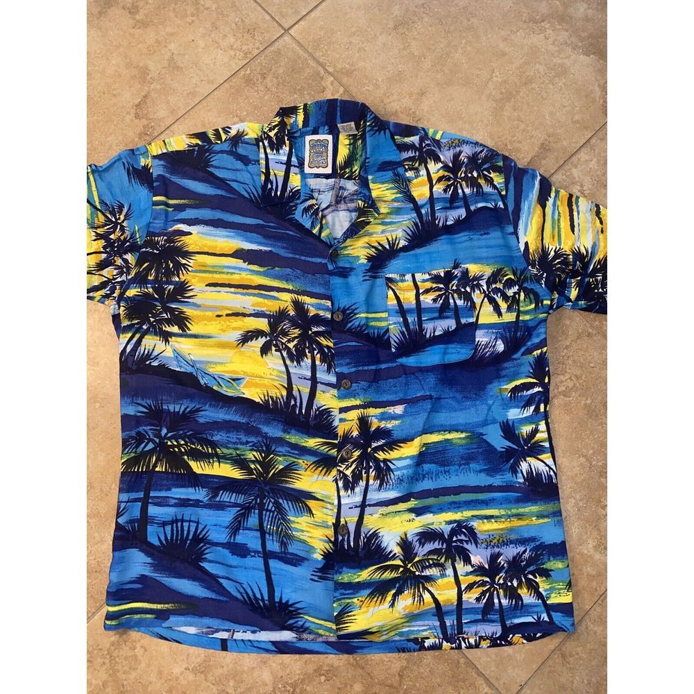 Ocean Current Men's Hawaiian Camp Shirt L Blue Palm Tree Rayon